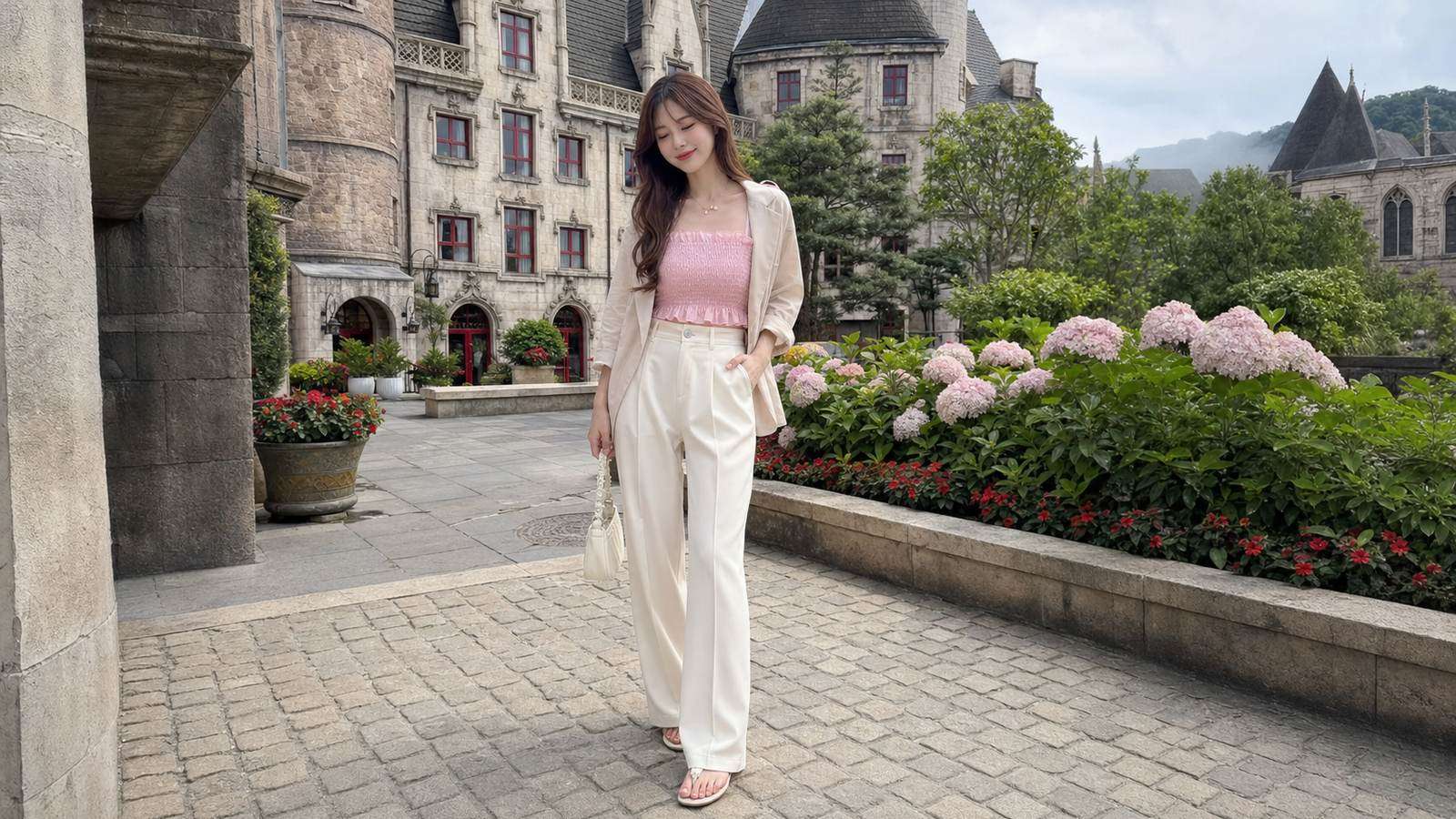 Tank top gọn phối blazer mỏng và quần suông cho Bà Nà Hill
