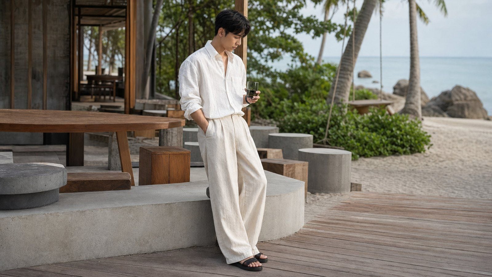 Áo sơ mi trắng nam với quần linen đi biển