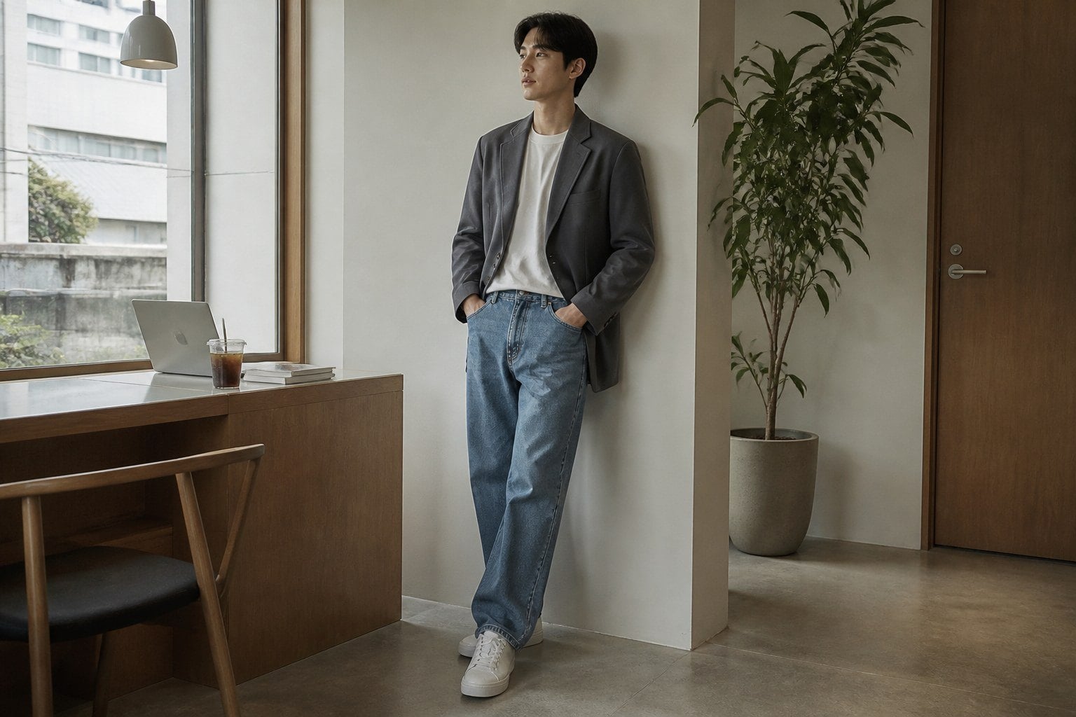Áo thun trơn nam phối blazer cho outfit công sở hiện đại