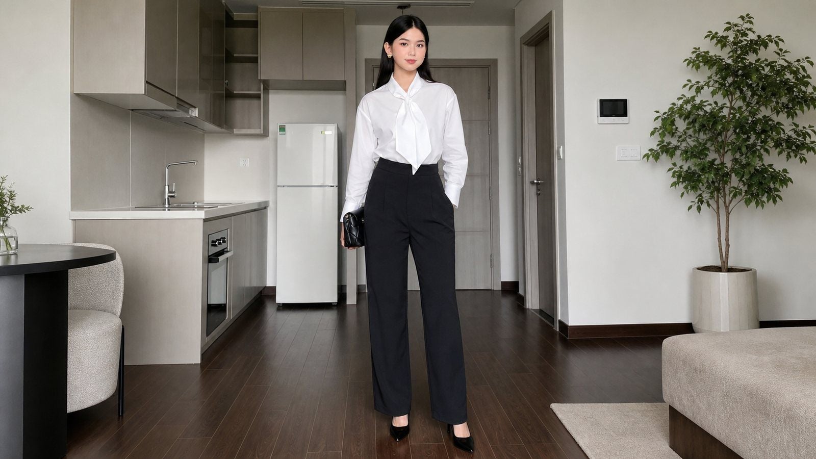 Quần ống suông giúp chân nhìn gọn và dài hơn