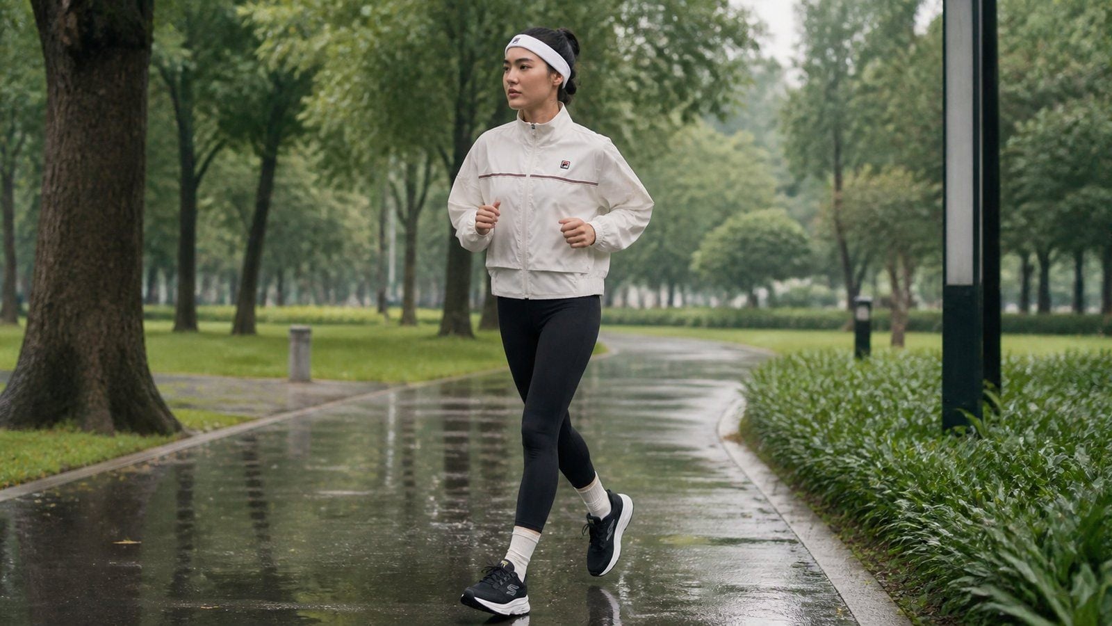 Outfit chạy bộ trời mưa nhẹ với áo khoác mỏng