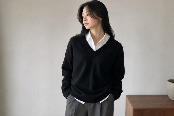 Sweater cổ tim hợp phong cách preppy và mặc cùng sơ mi