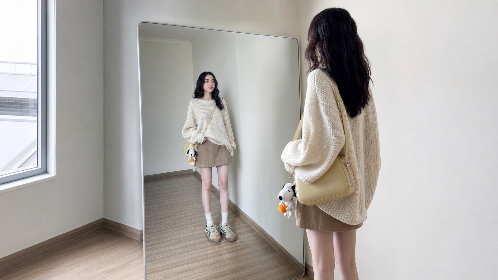 Áo len oversize phối với chân váy ngắn