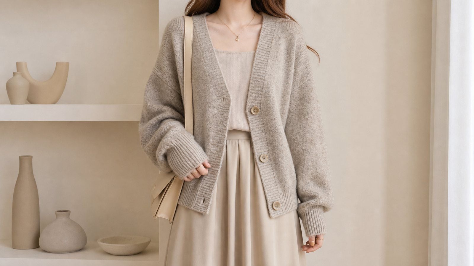 Cardigan ghi ấm phối váy be khi muốn mặc mềm và thanh hơn