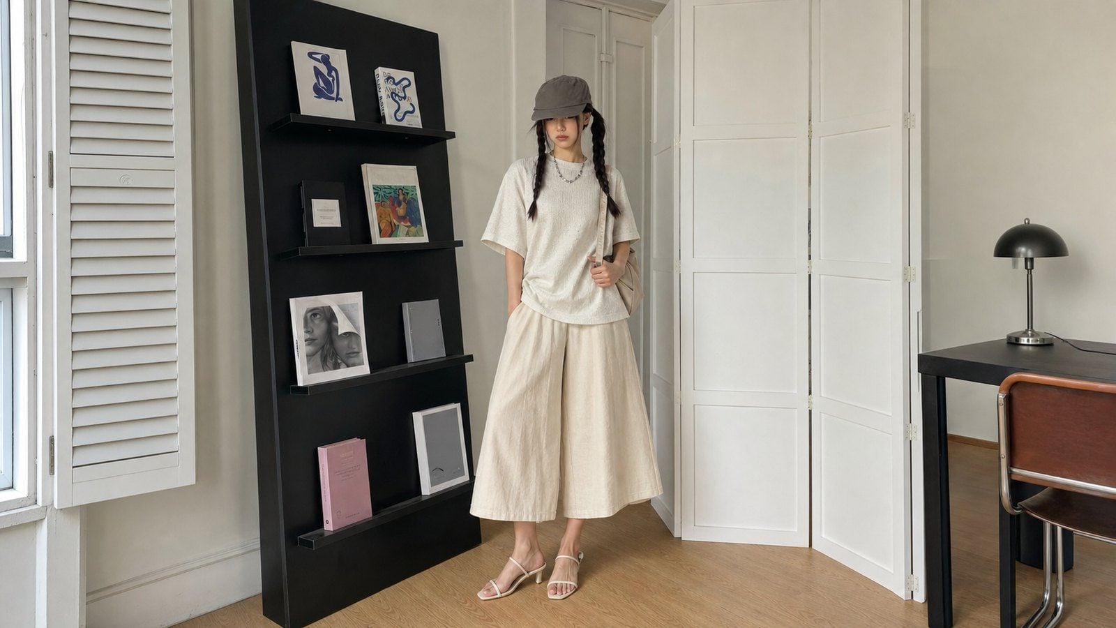Sandal quai mảnh làm phần cổ chân nhẹ hơn và giúp culottes bớt nặng