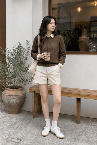 Sweater phối với quần short cho outfit se lạnh nhẹ