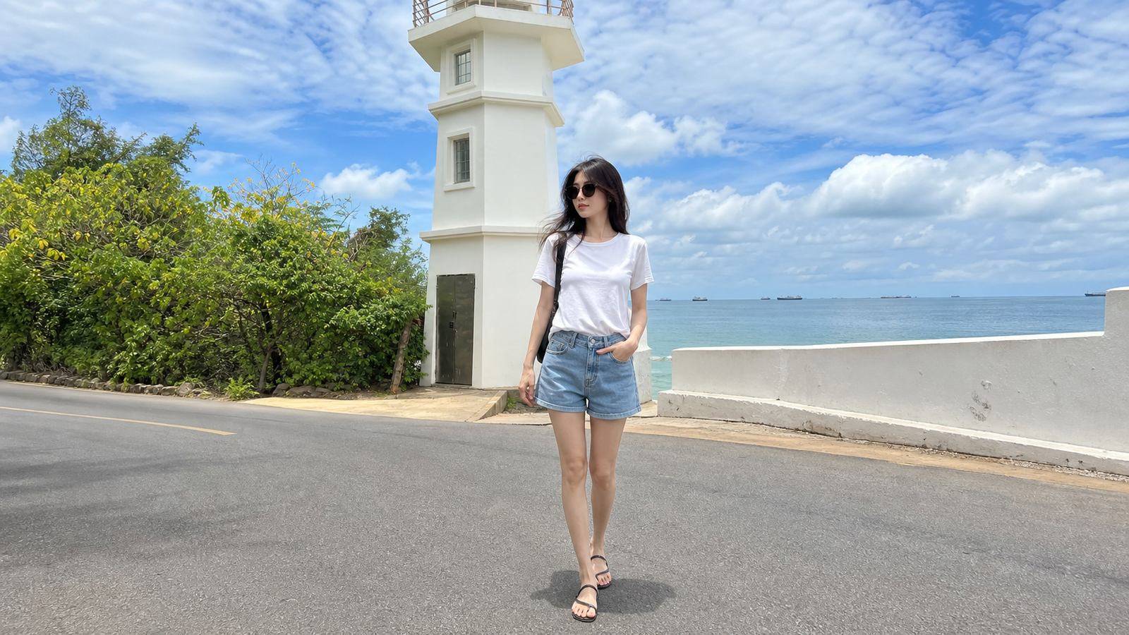 Áo thun trắng phối short jeans hoặc short vải cho ngày đi Vũng Tàu