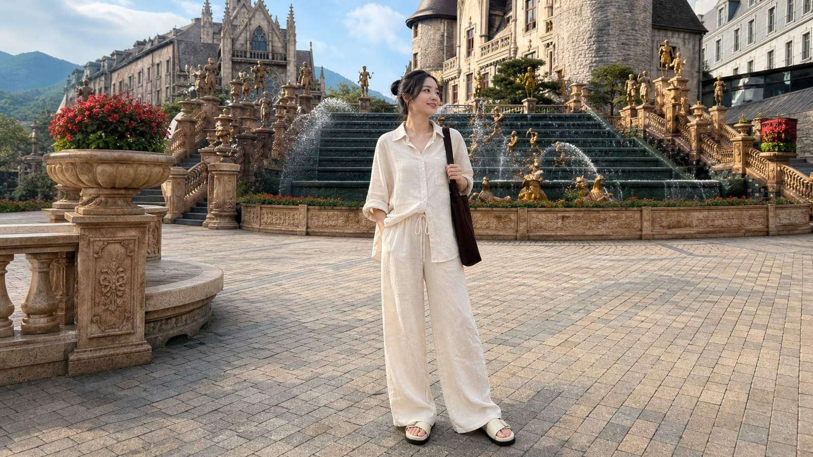 Set linen đồng bộ màu kem hoặc be phù hợp thời tiết Bà Nà Hill