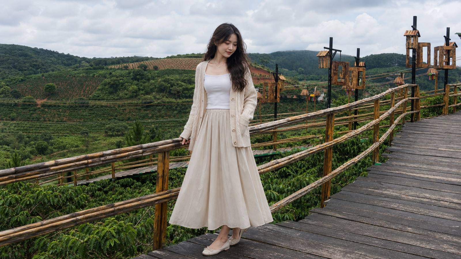 Tank top hoặc áo ôm gọn phối cardigan và chân váy maxi