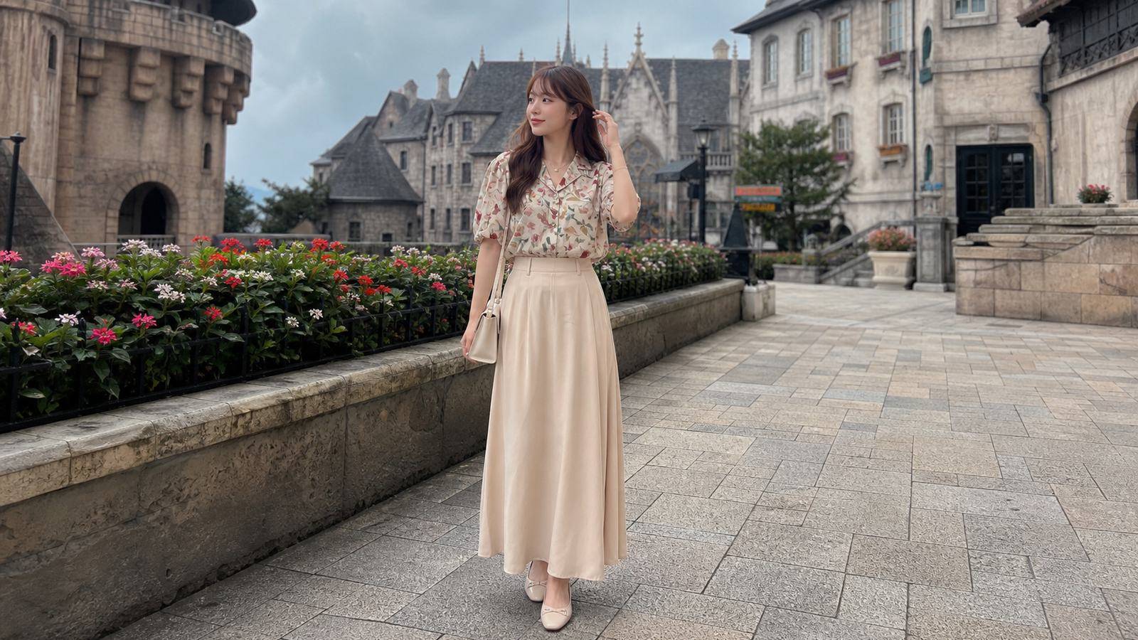 Blouse tay bồng phối chân váy dài mang vẻ lãng mạn ở Bà Nà Hill
