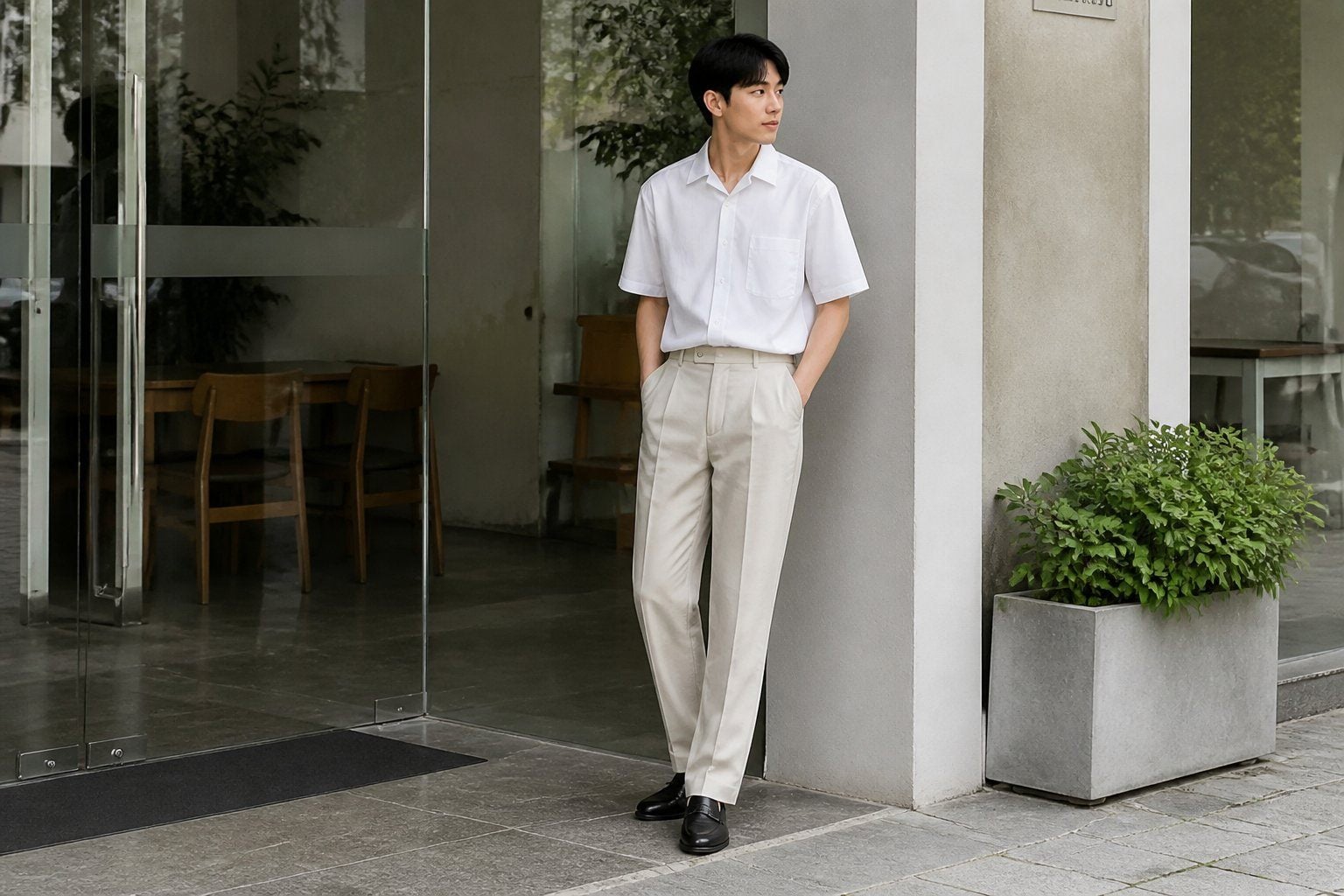 Áo sơ mi trắng nam phối quần tây thanh lịch
