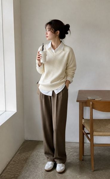 Sweater layer cùng sơ mi bên trong rất chỉn chu