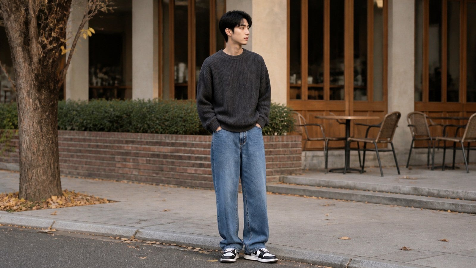 Quần jean ống suông nam phối áo sweater năng động