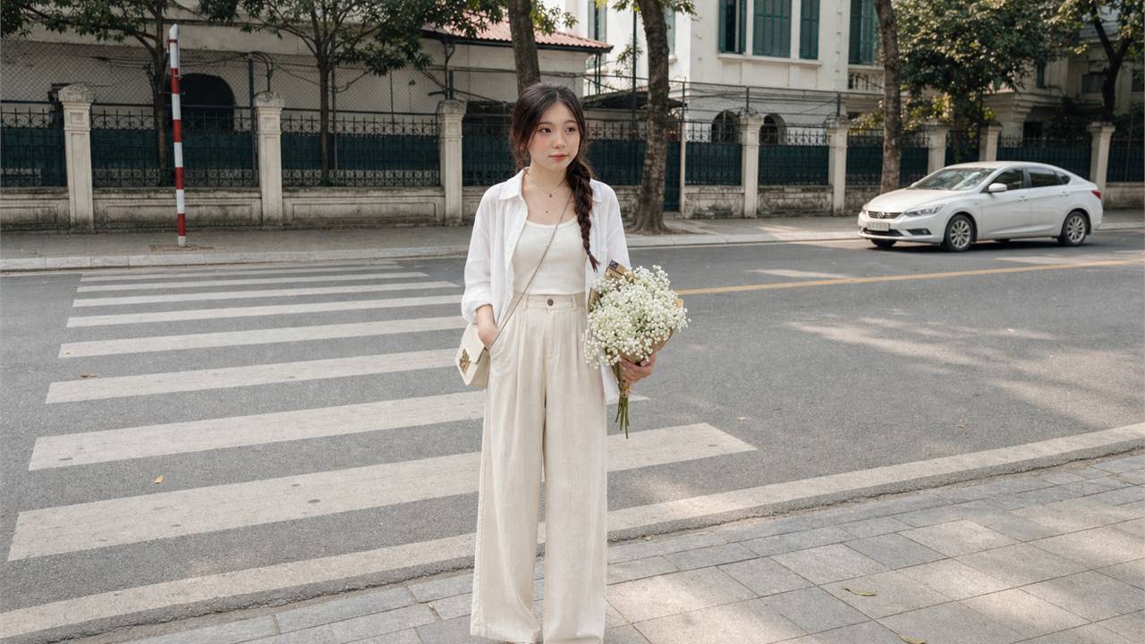 Áo hai dây kín đáo, quần linen cạp cao và sơ mi khoác