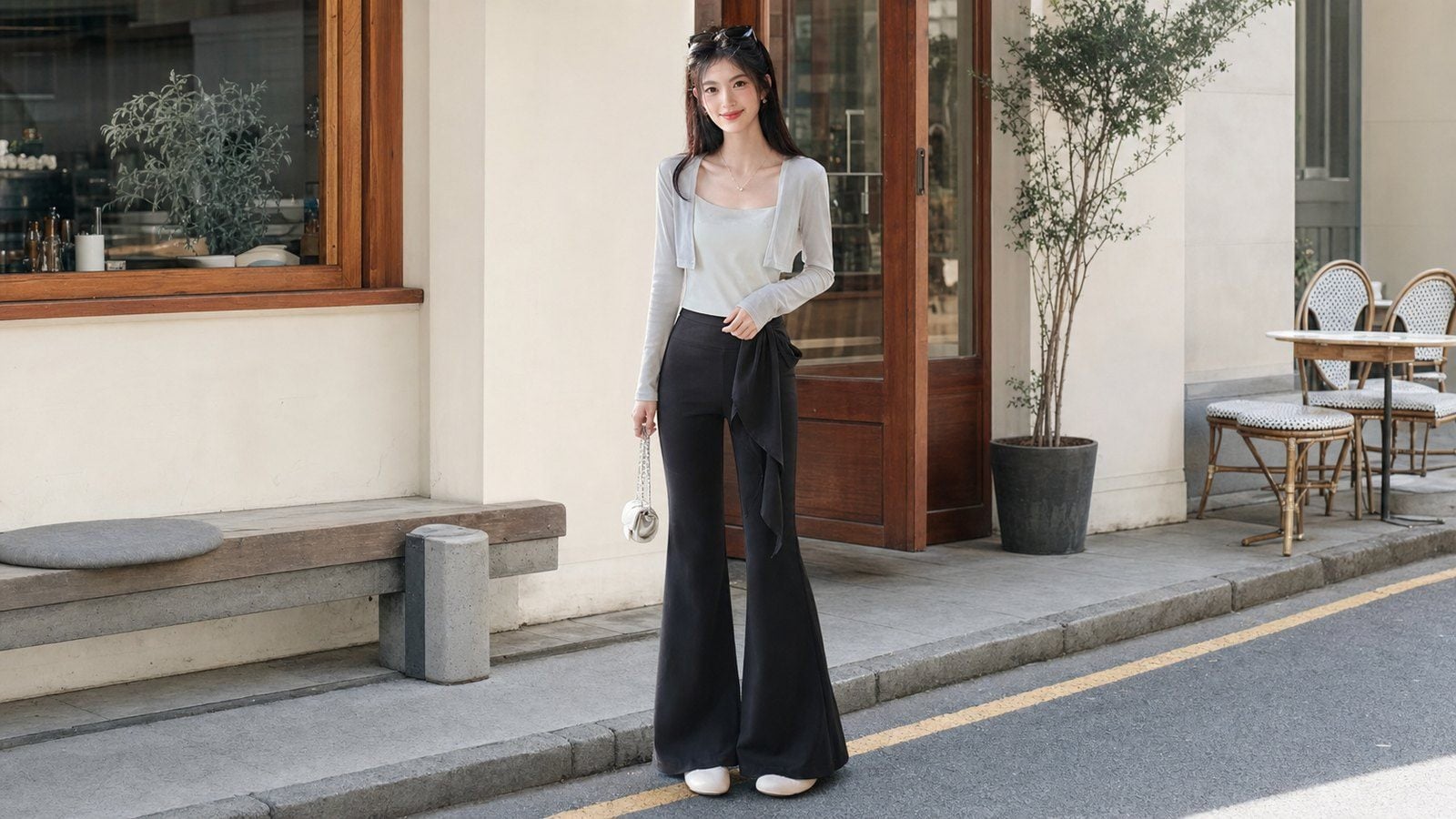 Quần ống loe phối cardigan ngắn