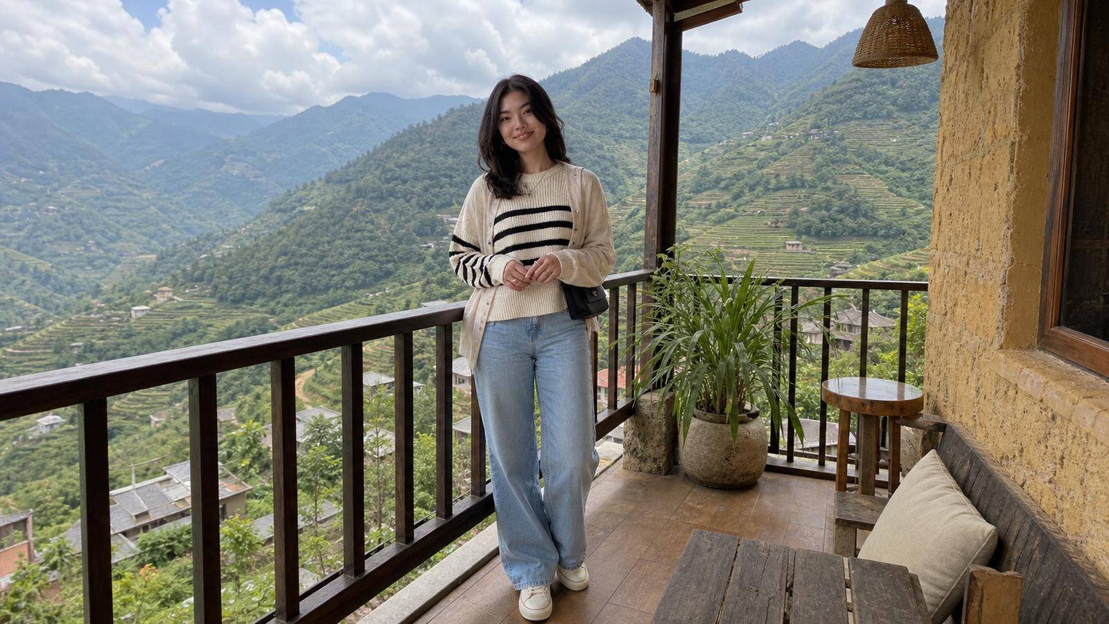 Knit top gọn phối quần suông và áo khoác mỏng cho Hà Giang