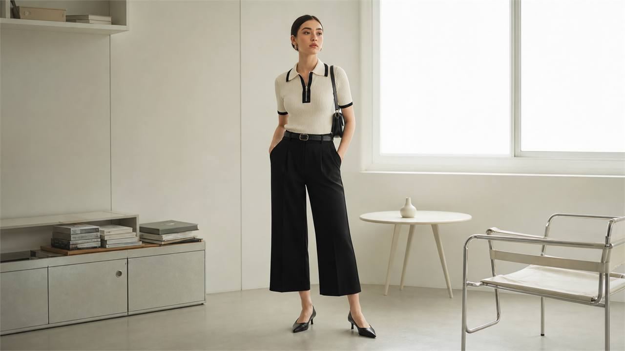 Áo polo dệt, quần culottes gọn và túi form cứng vừa
