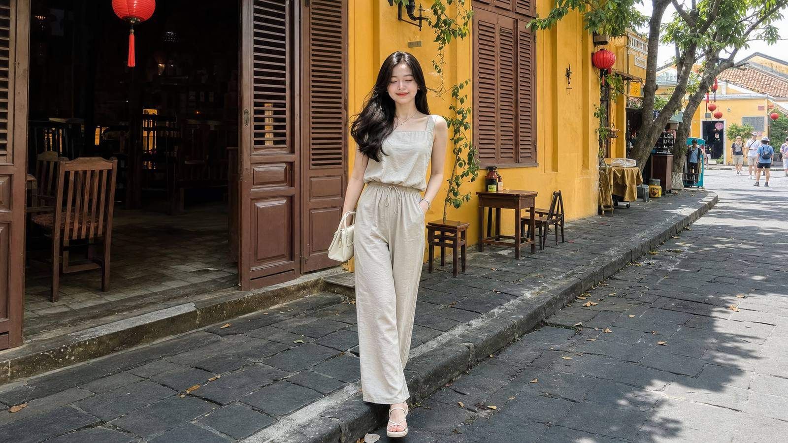 Đầm cổ yếm dáng dài hợp phố cổ lúc chiều tối hoặc dưới ánh đèn