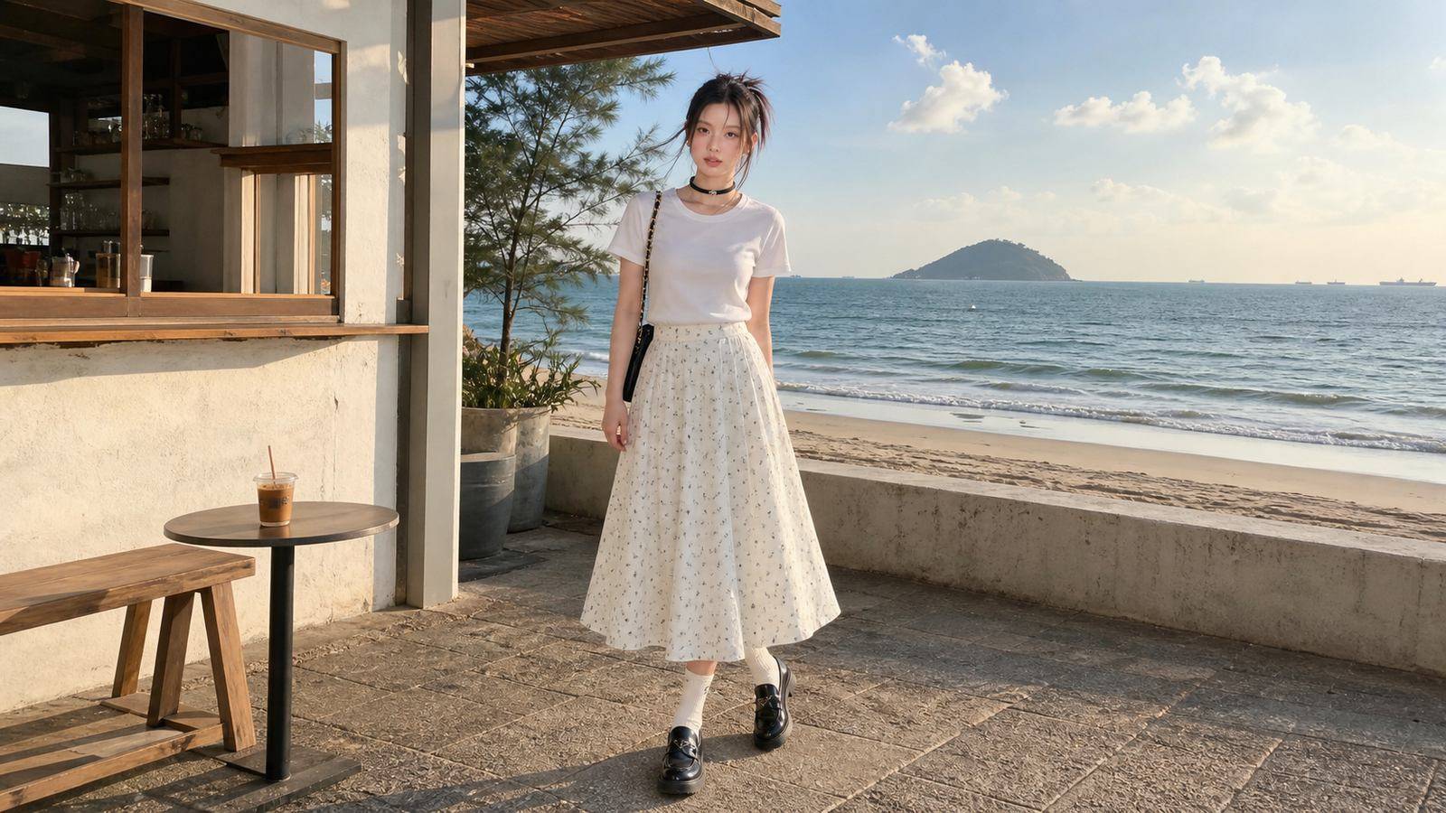 Áo thun trơn phối chân váy midi cho outfit nhẹ nhàng ở Vũng Tàu