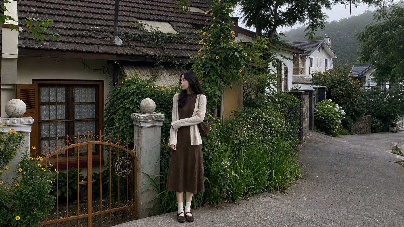 Đầm len mỏng đi cùng cardigan hoặc coat nhẹ cho Đà Lạt