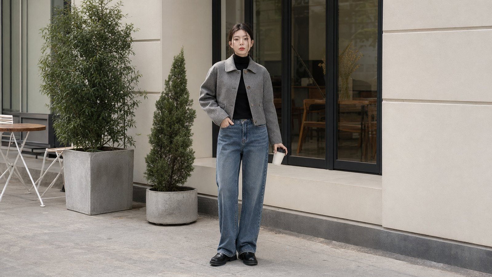 Áo khoác dạ ngắn với áo len cổ lọ và quần jeans