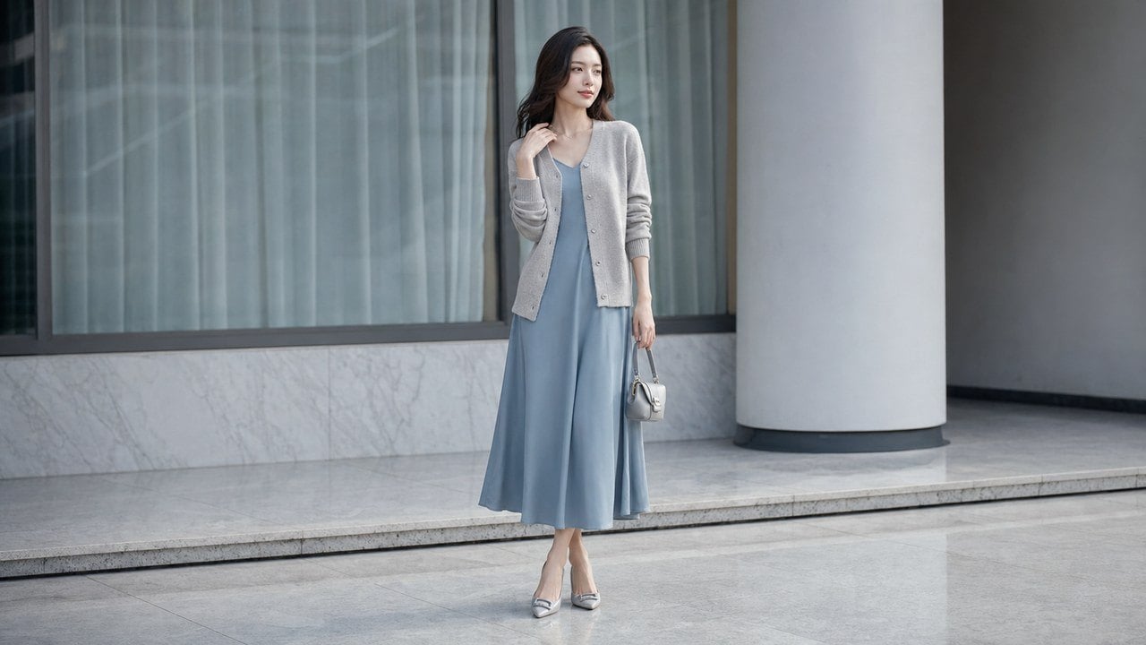 Cardigan ghi sáng phối váy xanh khói khi muốn mặc mềm hơn