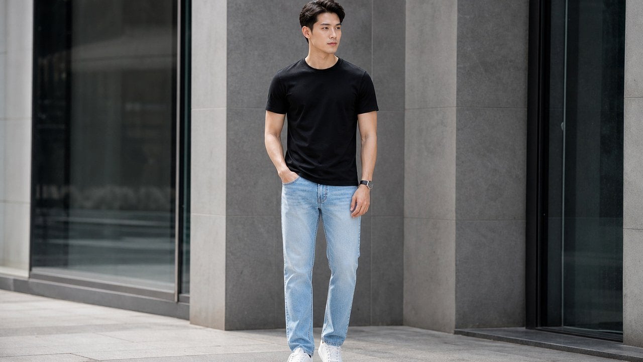Áo thun đen phối denim xanh nhạt cho nam 2004 thích set đồ đơn giản