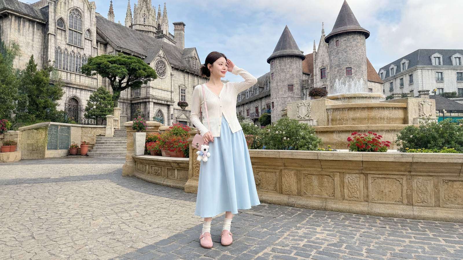 Váy midi trơn phối cardigan mỏng cho ngày đi Bà Nà Hill