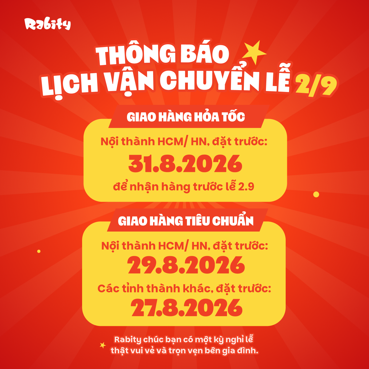 Lịch giao hàng 2/9 trên Shopee Rabity