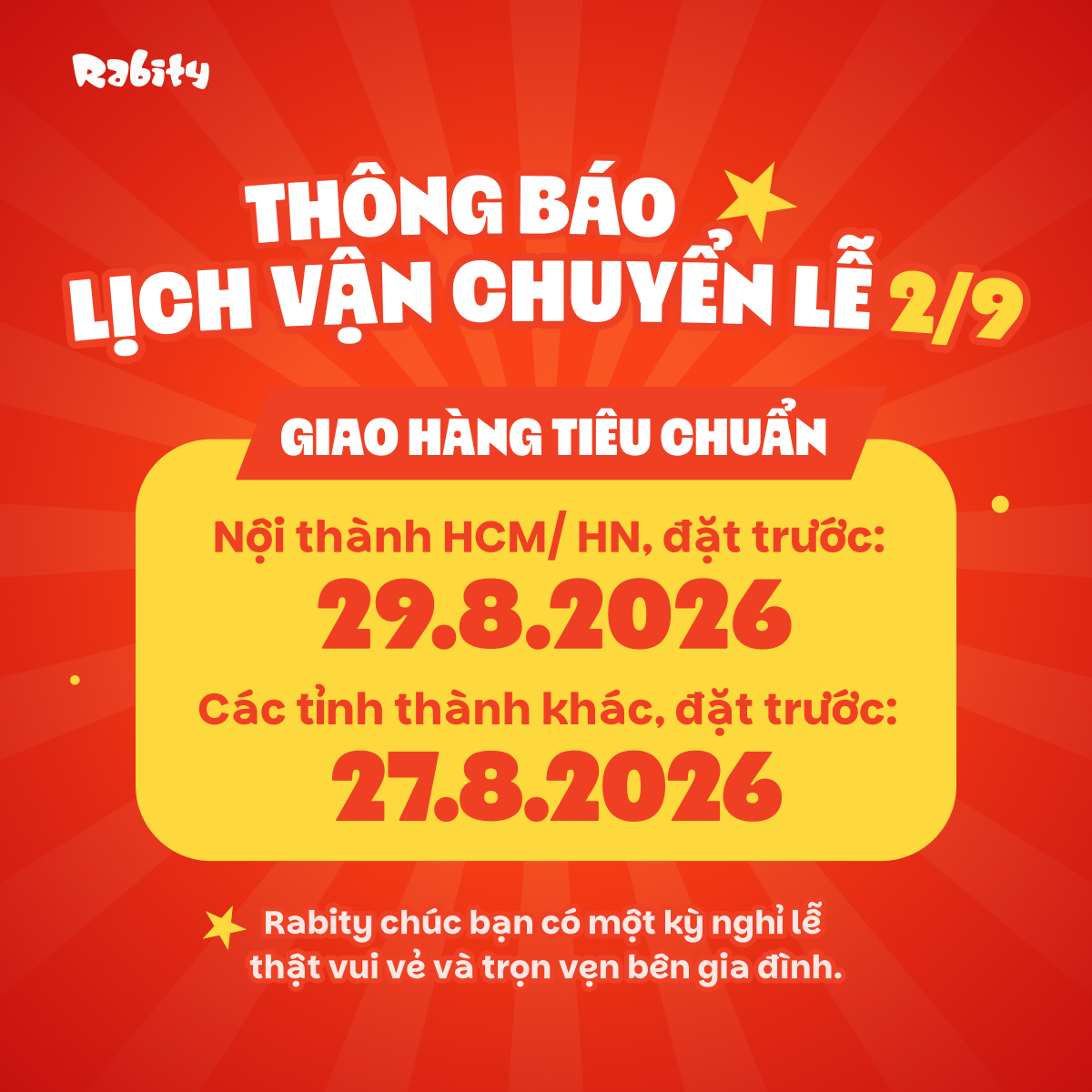Lịch giao hàng 2/9 trên TikTok Shop Rabity