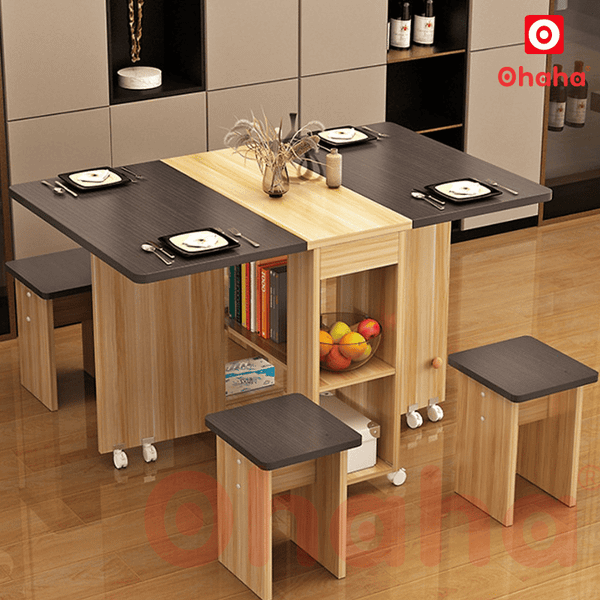 Bộ bàn ăn gấp gọn thông minh Ohaha 4 ghế có bánh xe 360 độ - BA001 gọn gàng, tiện lợi