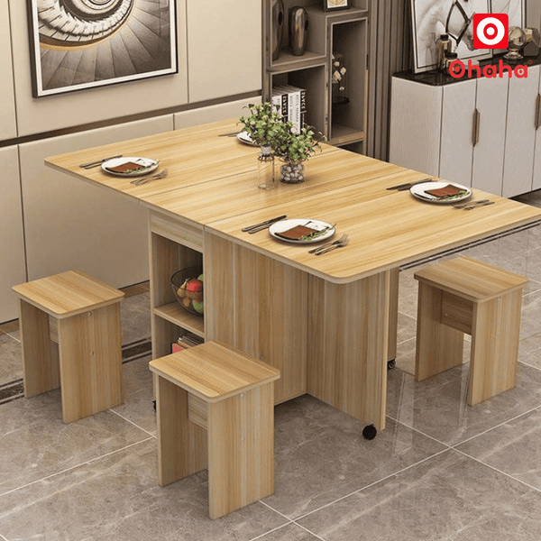 Bộ bàn ăn gấp gọn thông minh Ohaha 4 ghế có bánh xe 360 độ - BA001 gọn gàng, tiện lợi