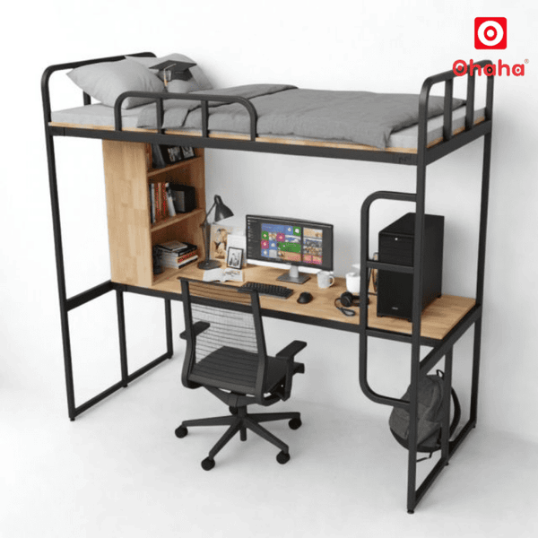 Giường Tầng Thông Minh Khung Sắt OHAHA - GTS059 được thiết kế tích hợp giữa giường ngủ có bàn làm việc đa năng.