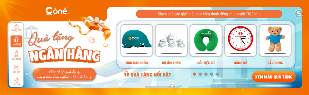 Banner quà tặng ngành ngân hàng với các sản phẩm in logo gồm nón bảo hiểm, bộ ấm chén, gối tựa cổ, đồng hồ và gấu bông