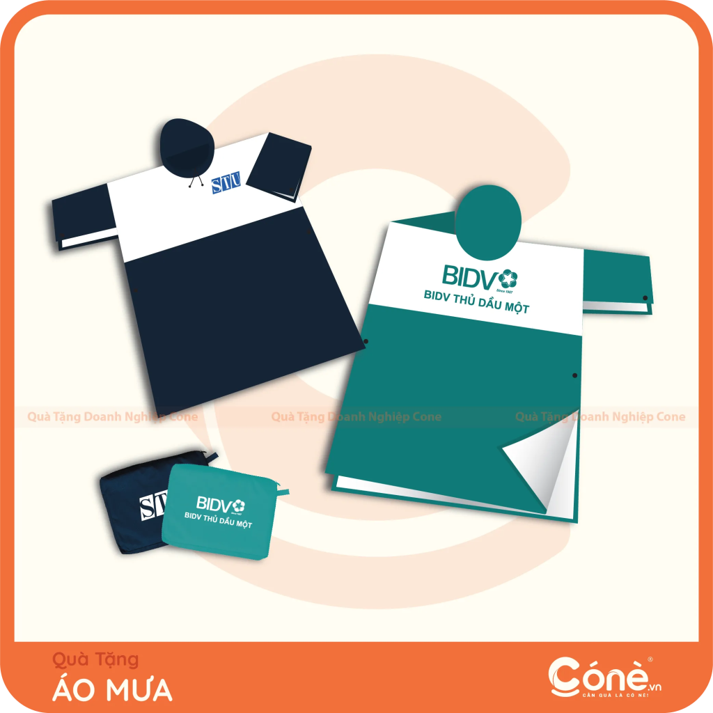 Áo mưa in logo STU và BIDV Thủ Dầu Một kèm túi đựng