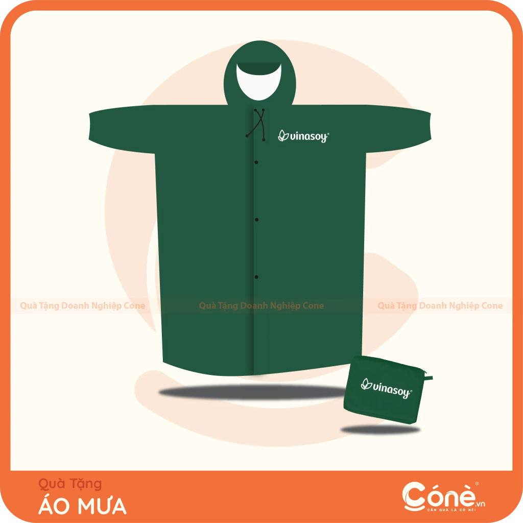 Áo mưa măng tô in logo Vinasoy màu xanh lá kèm túi đựng