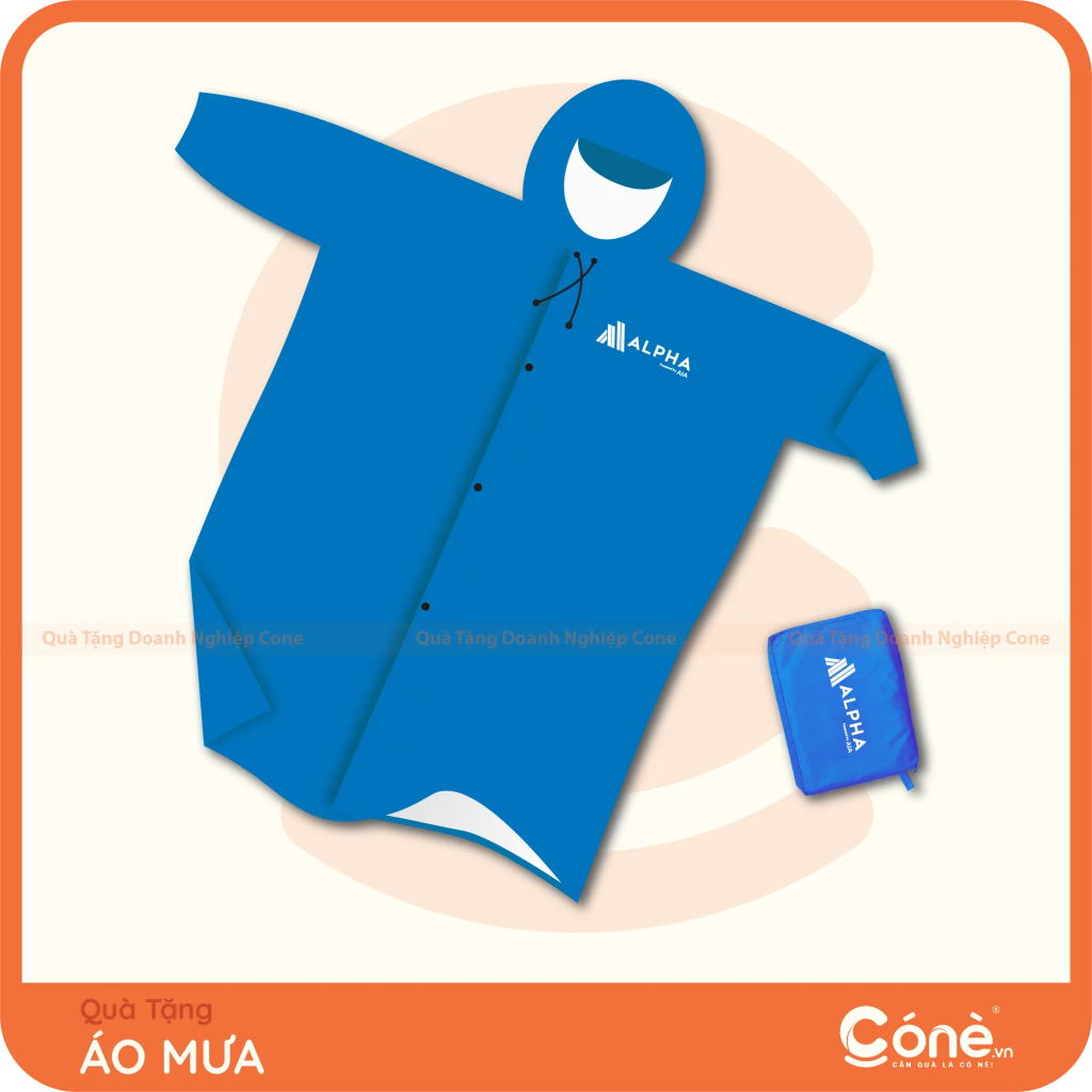 Áo mưa măng tô in logo Alpha màu xanh dương kèm túi đựng