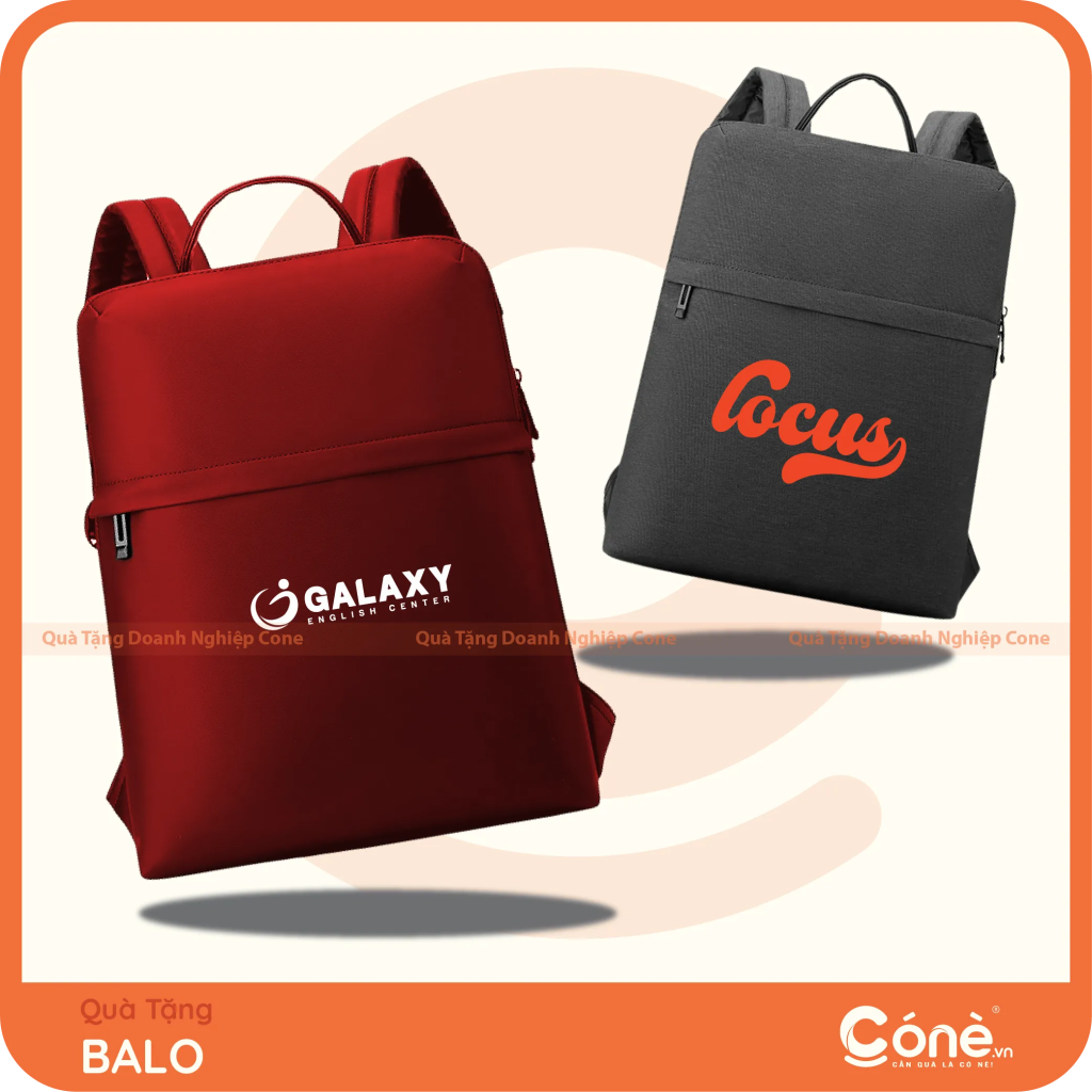 Balo quà tặng in logo Galaxy English Center và Focus màu đỏ xám