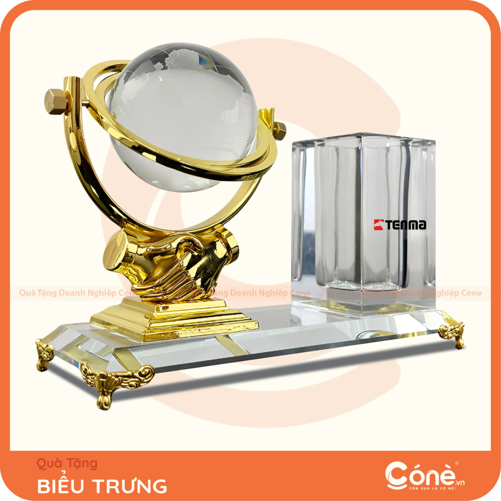 Biểu trưng địa cầu pha lê kèm ống cắm bút in logo Tenma