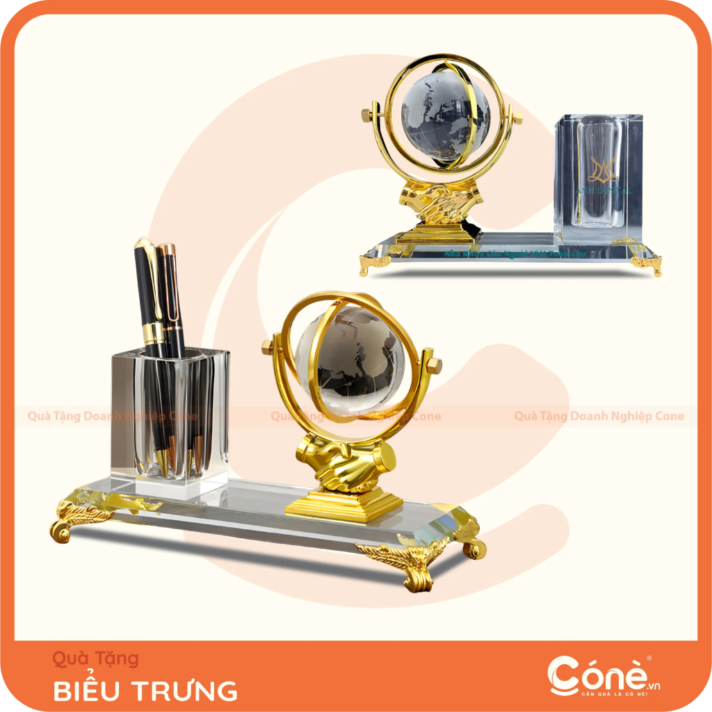 Biểu trưng địa cầu pha lê kèm ống cắm bút in logo Anh Dental