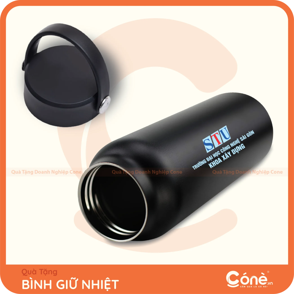 Bình giữ nhiệt Hành Trình in logo Trường Đại học Công nghệ Sài Gòn STU màu đen có quai xách