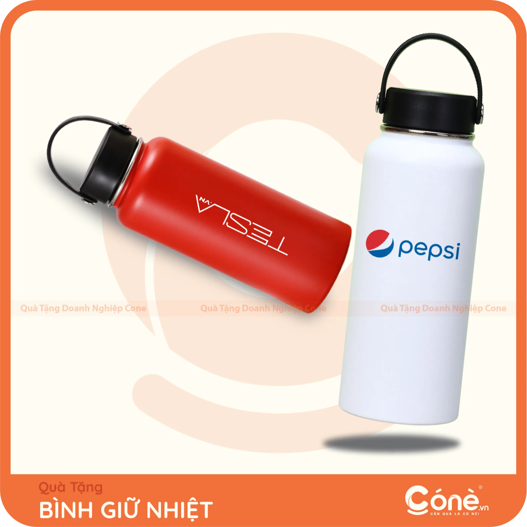 Bình giữ nhiệt Hành Trình in logo Tesla và Pepsi màu đỏ trắng có quai xách