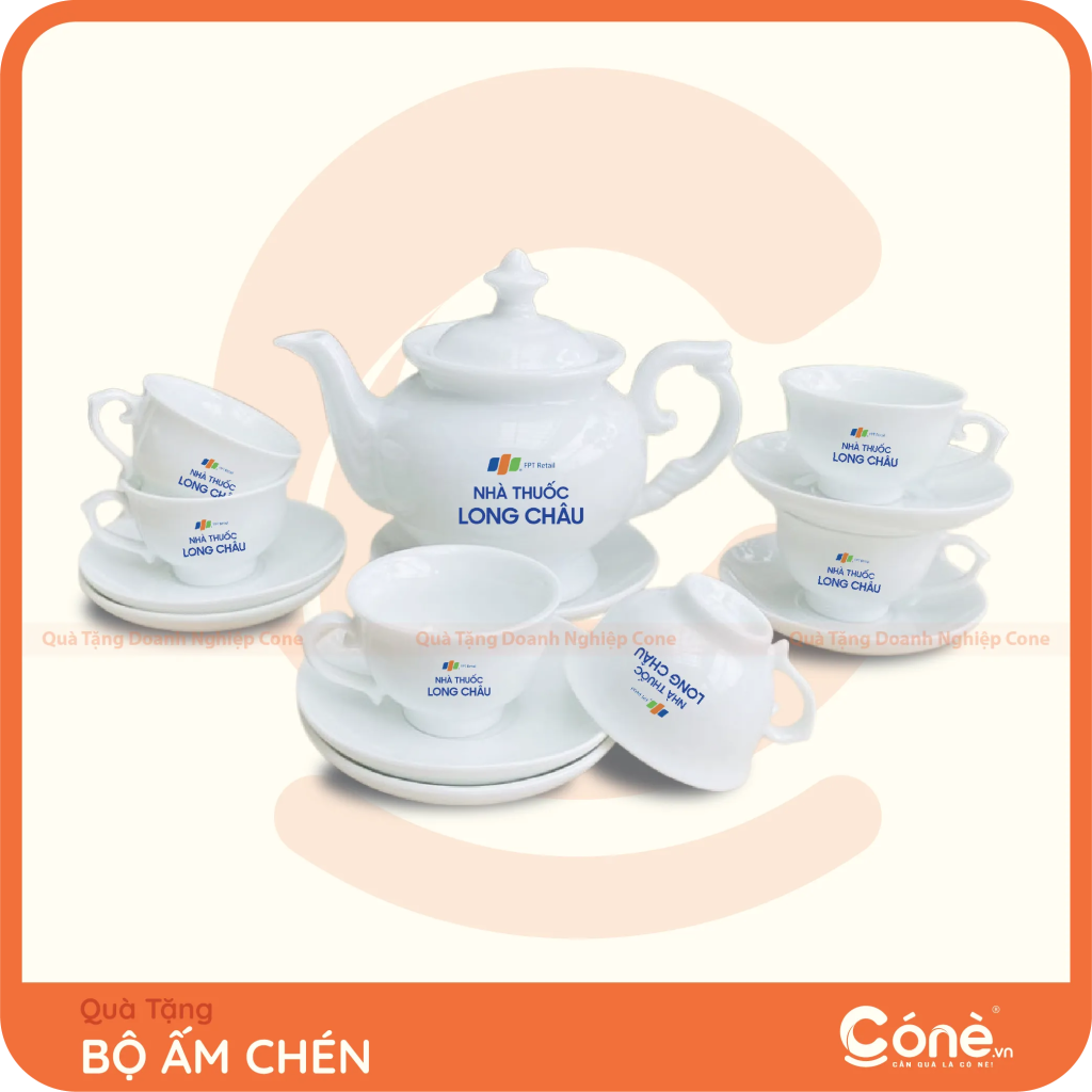 Bộ ấm chén sứ trắng in logo nhà thuốc Long Châu