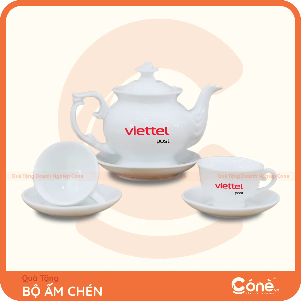 Ấm trà và chén sứ trắng in logo VIETTEL POST