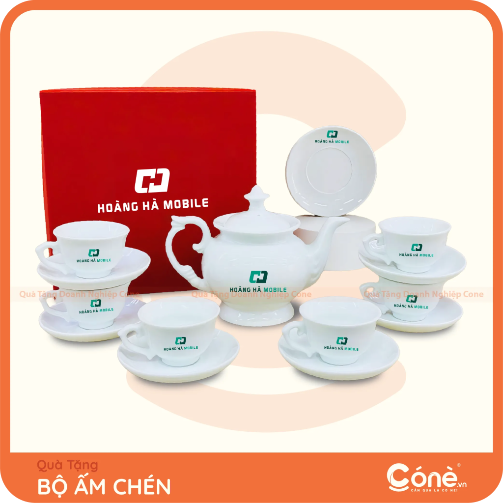 Bộ ấm chén sứ trắng in logo HOÀNG HÀ MOBILE kèm hộp quà tặng màu đỏ