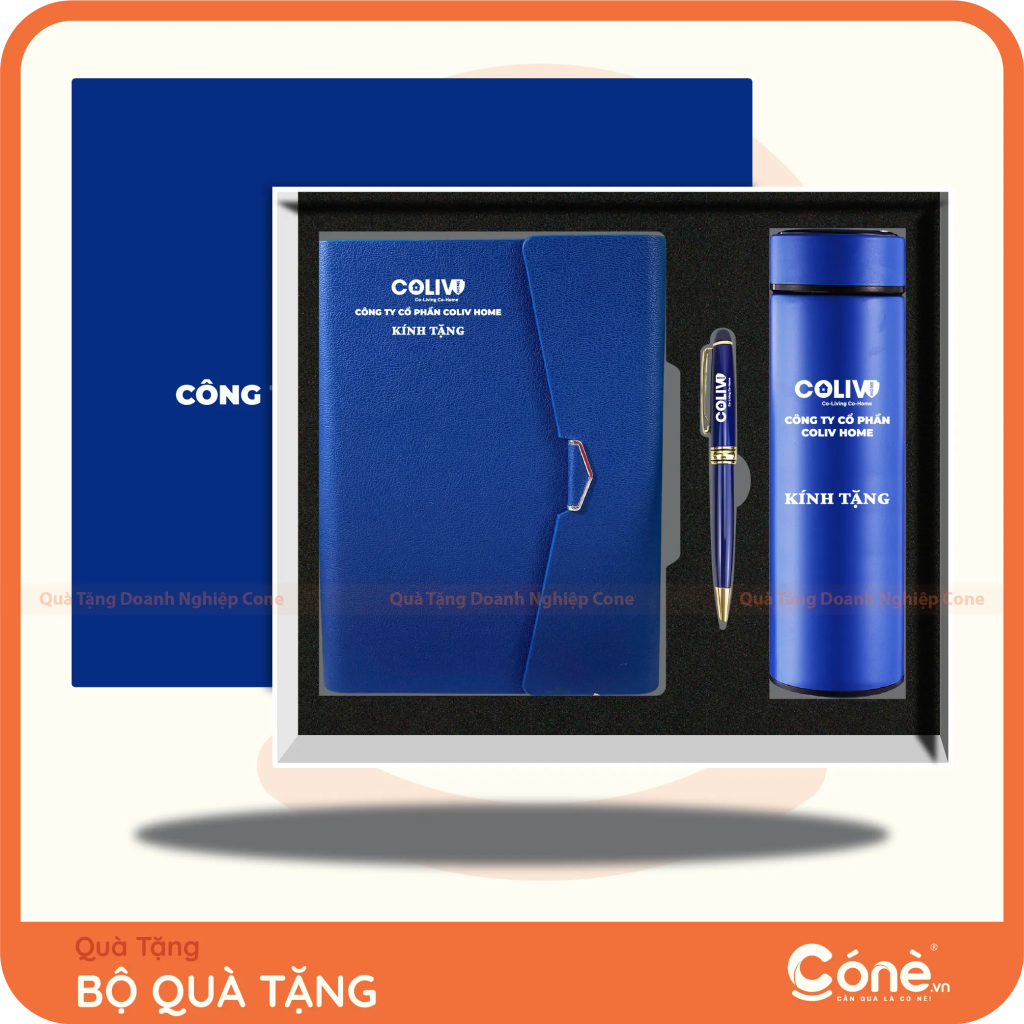 Bộ quà tặng Premium Set in logo Coliv Home gồm sổ tay, bình giữ nhiệt và bút ký màu xanh dương