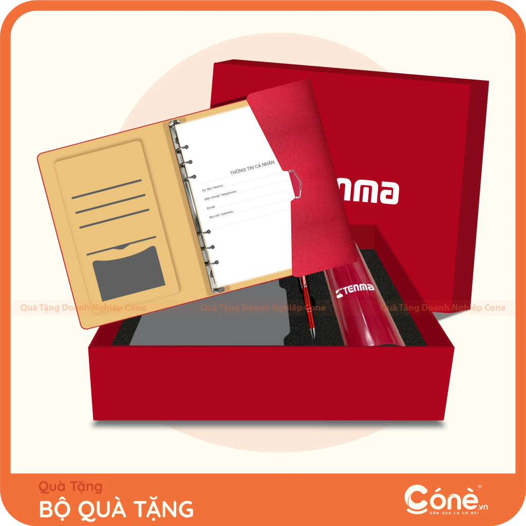 Bộ quà tặng Premium Set in logo Tenma gồm sổ tay, bình giữ nhiệt và bút ký màu đỏ