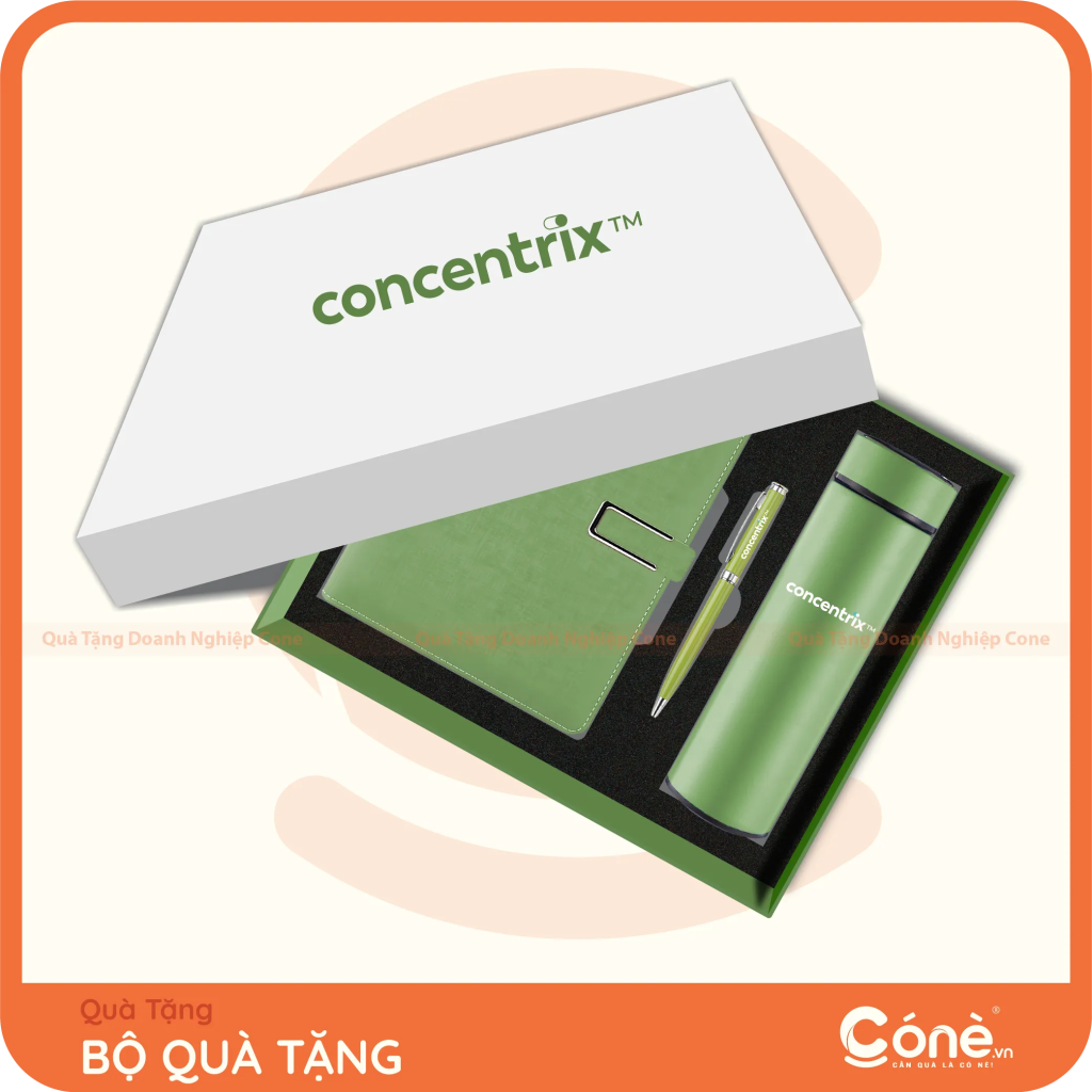Bộ quà tặng Premium Set in logo Concentrix gồm sổ tay, bình giữ nhiệt và bút ký màu xanh lá
