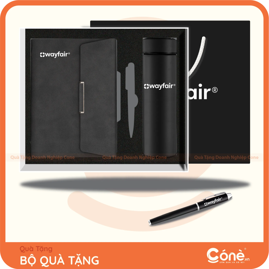 Bộ quà tặng Premium Set in logo Wayfair gồm sổ tay, bình giữ nhiệt và bút ký màu đen