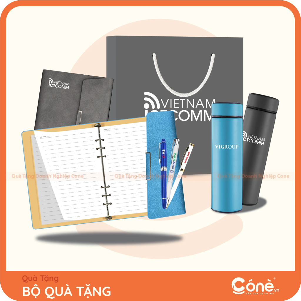Bộ quà tặng Premium Set gồm sổ tay, bình giữ nhiệt và bút in logo doanh nghiệp